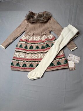 Tommy Bahama Tan Knit Sweater Dress Faux Fur Hood Trim Leggings Size 24m 2 NWT